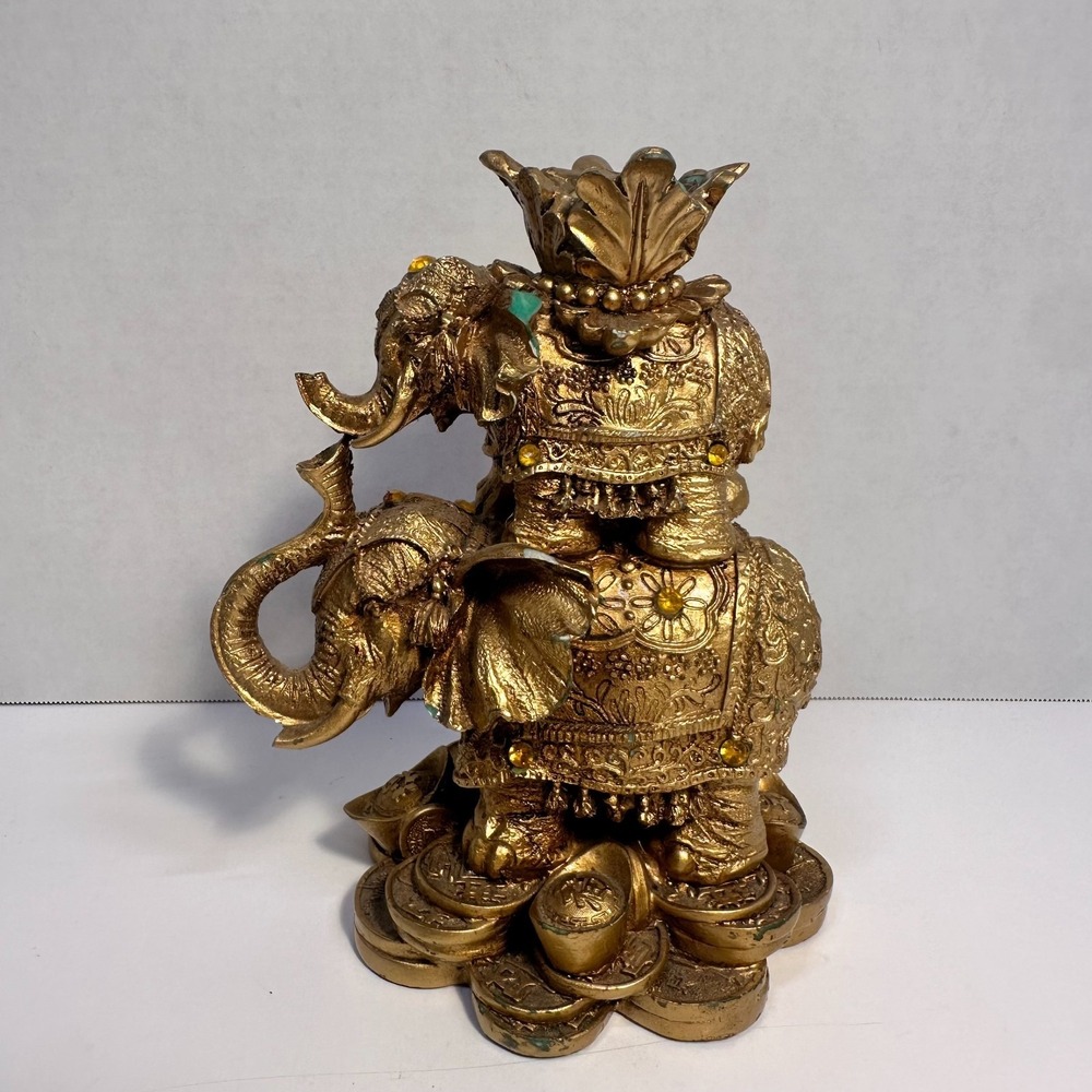 Gold Feng Shui Elephant Family Statue Lotus Coins Faux Jewels Wealth Decor